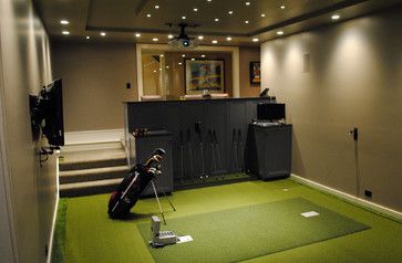 Basement Design Ideas, Pictures, Remodels and Decor Golf Basement, Golf Man Cave, Home Golf Simulator, Golf Simulator Room, Contemporary Basement, Golf Room, Golf Simulator, Golf Decor, Public Golf Courses