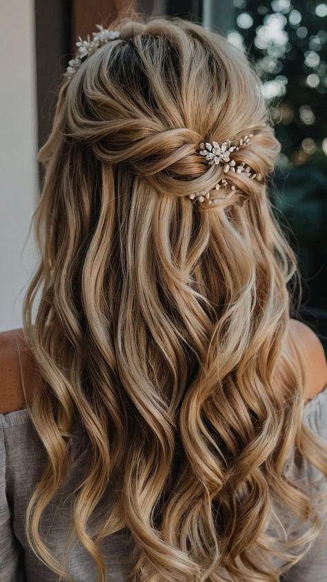 Medium Hair Bride Hairstyles, Wedding Hairstyles For Blonde Hair, Half Up Half Down Hair Wedding Bride, Simple Wedding Hair And Makeup, Half Up Braid Bridal Hair, Half Up Bridal Hair Medium Length, Whimsical Wedding Hair Half Up, Wedding Day Hairstyles Down, Mountain Wedding Hair