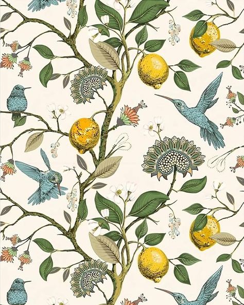 Vintage Lemon Wallpaper, Tree Peel And Stick Wallpaper, Grey Textured Wallpaper, Lemon Wallpaper, Yellow Chair, Floor Bathroom, Picture Quilts, Half Bathroom, Bird Wallpaper