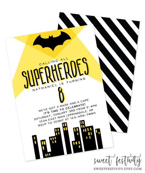 Batman Invitation | Batman Party | Superhero Invitation | Printable Invitation by SweetFestivity on Etsy https://www.etsy.com/listing/452595352/batman-invitation-batman-party-superhero Comic Invitation, Batman Party Supplies, Batman Invitations, Superhero Man, Superhero Invitations, Batman Theme, Disney Cars Birthday, Batman Stuff, Batman Birthday Party