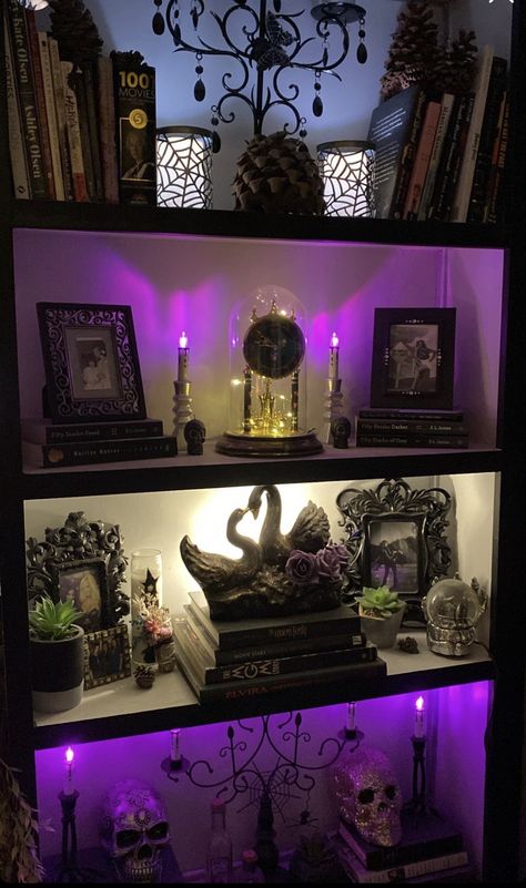 Gothic Makeup Room Ideas, Goth Shelves Decor, Goth Bookshelf Decor, Goth Bookshelf Aesthetic, Gothic Beauty Room, Purple Gothic Living Room, Gothic Apartment Decor Bedroom, Black Goth Bedroom Ideas, Goth Shelf Decor