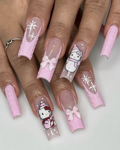 Nail Ideas Winter, Christmas Nail Designs Acrylic, Sanrio Nails, Nail Art Noel, 2024 Nails, Acrylic Toe Nails, Kitty Christmas, Duck Nails, Cute Christmas Nails