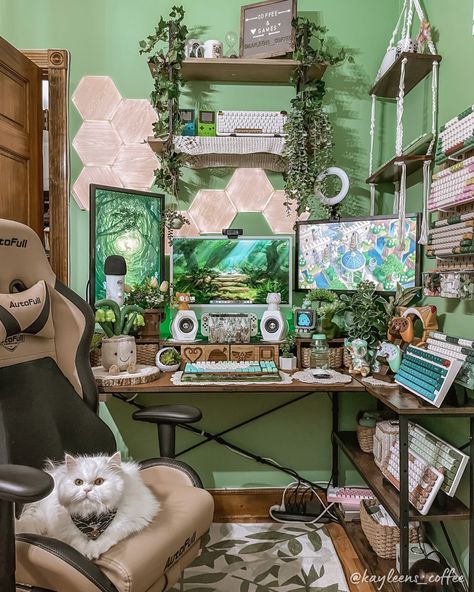 Natural Wood Aesthetic, Green Gaming Setup, Room Computer Desk, Aesthetic Gaming Room, Room Computer, Gamer Cat, Wood Aesthetic, Cozy Desk, Gamer Setup