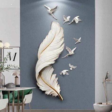 Moon Clay, Feather Wall Hanging, Minimalist Sofa, Modern Minimalist Living Room, 3d Wall Decor, Bird Wall Decor, Flying Birds, Soyut Sanat Tabloları, Feather Wall