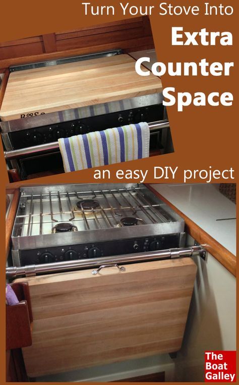 Two ideas for making your own removable counter top to go over the stove when it's not in use -- and both are fairly easy DIY projects! via @TheBoatGalley Boat Organization, Liveaboard Sailboat, Boat Interior Design, Boat Galley, Sailboat Interior, Sailboat Living, Navi A Vela, Sail Life, Living On A Boat