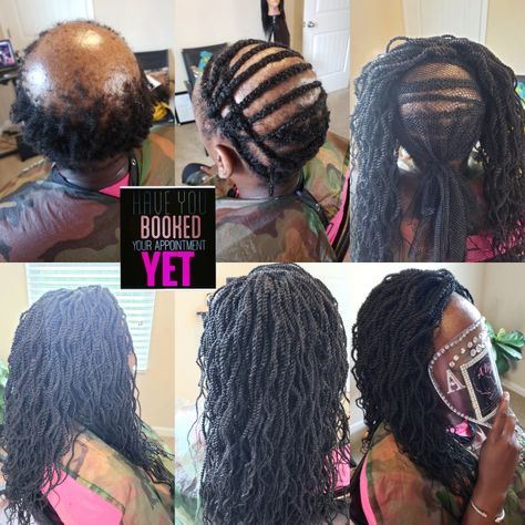 All done with My New New Client's hair. 💜 I Feel so Honored She Came All the Way from Charlotte to let me do her hair. It was such a Pleasure Meeting her and Doing her hair.  I done Wavy Crochet Senegalese Twist on a Weaving net. She has Alopecia.  Using the Weaving Net put less Tension on her thinning areas. I So Love What I do.  Contact me now for your next hair Appointment or Training Class. You will be so Glad you did! AKIYIA.WEBS.COM  Hairbraidingclasses.webs.com  #Hairlosshelp  #alopecia Alopecia Crochet Hairstyles, Braids For Women With Alopecia, Braids For Alopecia For Black Women, Crochet Braid Pattern For Alopecia, Traction Alopecia Hairstyles, Traction Alopecia Regrowth, Crochet Senegalese Twist, Senegalese Twist Crochet Hair, Wavy Crochet