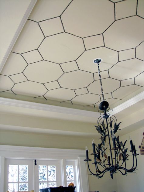 ceiling decorating ideas - nail head trim ceiling design, via Design Sponge Diy Ceiling Paint, Ceiling Texture Types, Decorative Painting Techniques, Bronze Nails, Ceiling Trim, Ceiling Texture, Wallpaper Ceiling, Dining Room Ceiling, Tin Ceiling Tiles