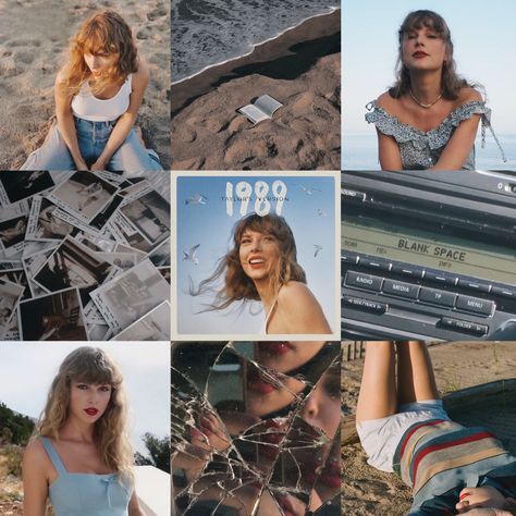 taylor swift's 1989 TV aesthetic moodboard by me 1989 Taylor Swift Moodboard, Minimalist Taylor Swift Wallpaper, Taylor Swift Moodboard, Tv Aesthetic, 1989 Tv, Fabric Work, Baby Blue Aesthetic, Spotify Covers, Aesthetic Moodboard