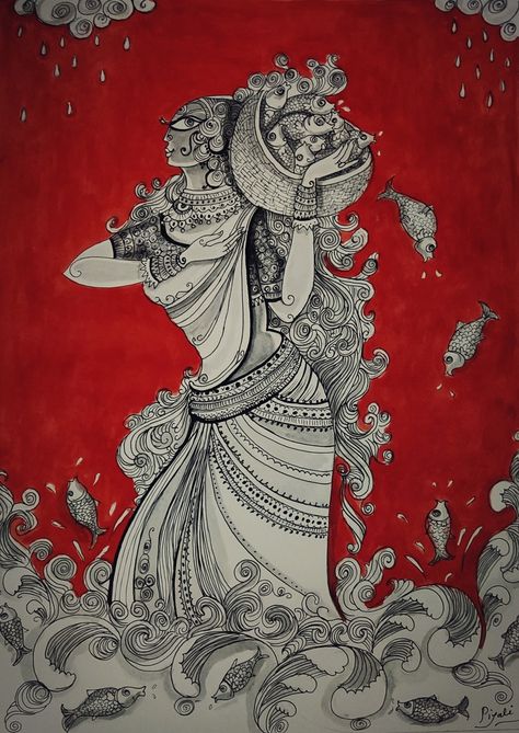 Kadakali Drawing, Bengali Folk Art Painting, Thooli Art, Mithila Art, Kalamkari Art, Ancient Drawings, Bengali Art, Pen Art Work, Kalamkari Painting