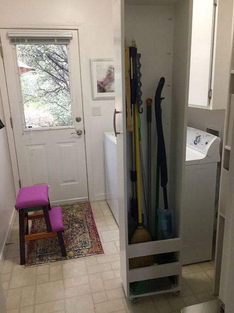 Storage Solutions for Your Small Laundry Room - Utilize every square inch with a rolling broom closet to hide away your brooms and mops. Garage Broom Storage, Broom Organizer Diy, Laundry Room Broom Closet, Apartment Storage Solutions, Broom Storage, Closet Room Organizer, Mobile Ideas, Laundy Room, Laundry Room Storage Shelves