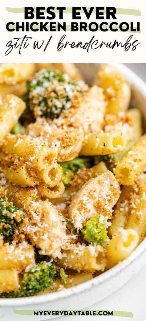 chicken broccoli ziti recipe pin image Chicken Broccoli Ziti, Chicken Ziti, Easy Weeknight Chicken, Roasted Grape Tomatoes, Crunchy Bread, Chicken Dinner Ideas, Broccoli Pasta Recipe, Chicken Broccoli Pasta, Weeknight Chicken