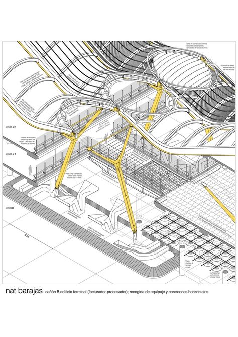 Madrid-Barajas Airport Terminal 4,Axonometric Airport Architecture, Richard Rogers, Airport Terminal, Airport Design, Airports Terminal, Concept Diagram, Architecture Graphics, Parametric Design, Structure Architecture