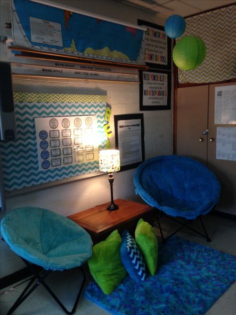 Teal and lime reading nook Middle School Classroom Organization, Reading Nook Classroom, Green Classroom, Literacy Classroom, School Counseling Office, Calm Corner, Succulent Decor, Reading Center, Elementary School Counselor