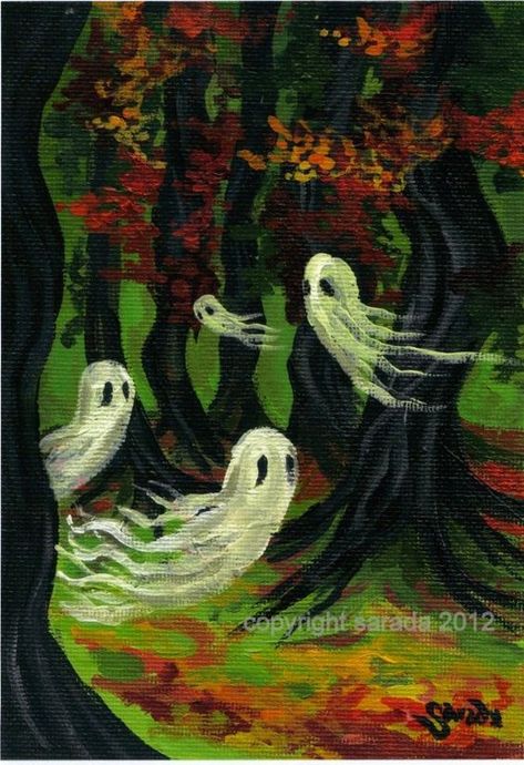 Canvas Halloween Painting, Gothic Autumn, Ghost Forest, Haunted Images, Autumn Woods, Creepy Houses, Art Therapy Projects, Cute Ghosts, Fall Trees