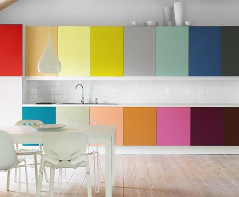 cabinet doors. photo by magnus anesund. Rainbow Cabinets, Rainbow Kitchen, Colourful Kitchen, Серая Кухня, Kitchen Design Color, Interiors Kitchen, Kitchen Cabinet Colors, Kitchen Color, Design Del Prodotto