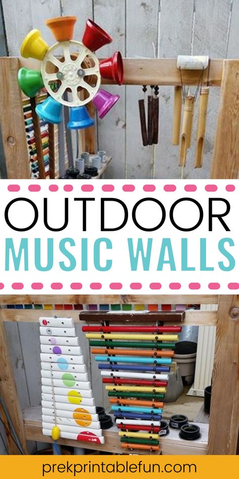 One of the fun ways to integrate music in your outdoor space is by building an outdoor music wall. Music walls can be as simple or as complex as you choose. Garden Music Wall, Diy Outdoor Sensory Wall, Sensory Music Wall, Diy Music Wall Outdoor, Outside Music Wall, Musical Garden Ideas, Outdoor Sensory Wall Fence, Outdoor Sound Wall, Pre K Playground Ideas