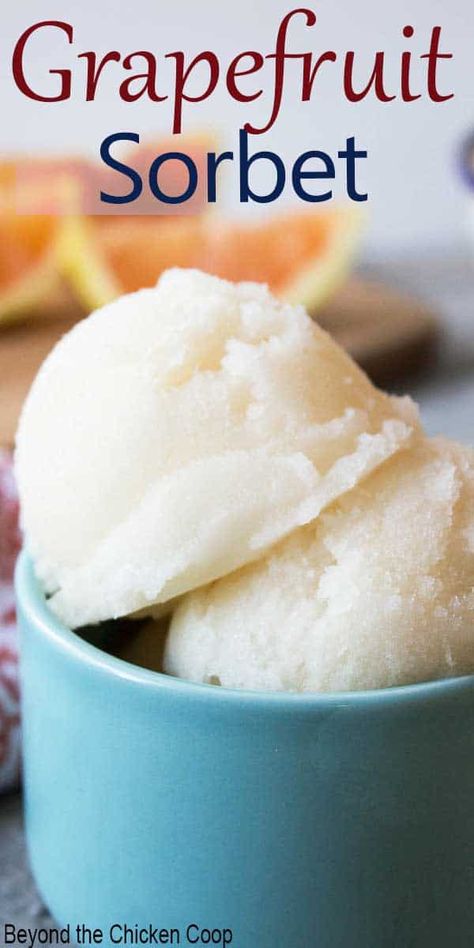 Tart and refreshing grapefruit sorbet made with fresh squeezed grapefruit juice. This delicious frozen treat is perfect on a hot summer's day or served as a light dessert anytime of the year. #grapefruitsorbet #sorbet #grapefruitrecipe Fruit Sherbet Sorbet Recipe, Grapefruit Ice Cream, Grapefruit Sorbet Recipe, Grapefruit Sorbet, 3 Ingredient Sorbet, Healthy Lemon Sorbet, One Ingredient Tangerine Sorbet, Grapefruit Recipes, Fruit Sorbet