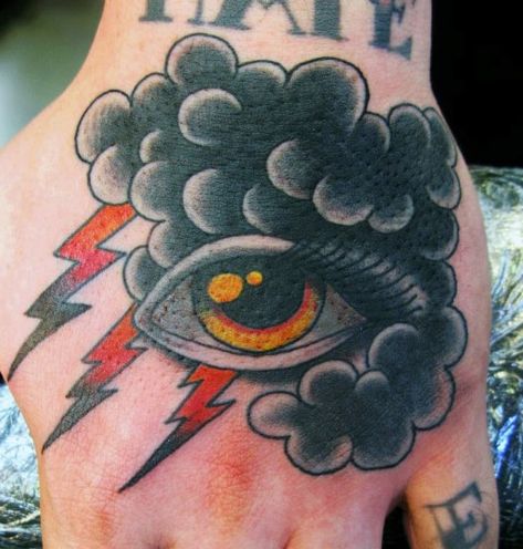 Cloud With Eye And Thunder Traditional Male Hand Tattoos Rain Tattoo, Herren Hand Tattoos, Traditional Hand Tattoo, Mirror Tattoos, Lightning Tattoo, Surreal Tattoo, Tattoo Magazine, Cloud Tattoo, Old School Tattoo Designs