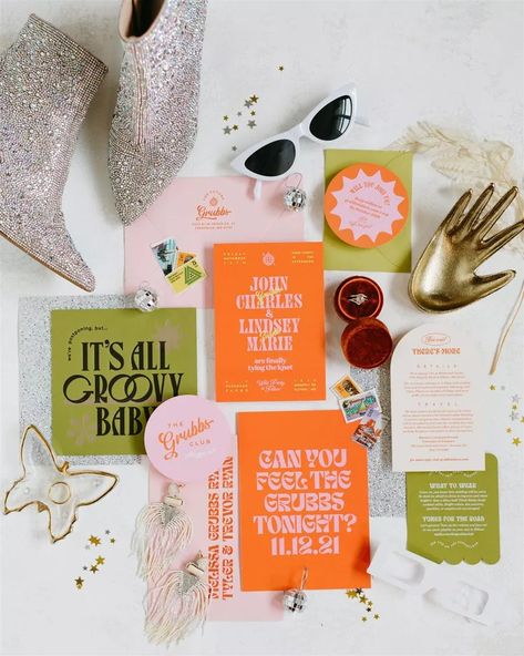 Pinterest Reveals the Top 2024 Wedding Trend Retro Color Wedding, Funky Wedding Color Palette, Retro Wedding Party, Retro Colorful Wedding, Funky Wedding Invites, Maximalist Wedding Invitations, Colorful Wedding Invites, Disco Wedding Invitation, 2024 Wedding Invitations