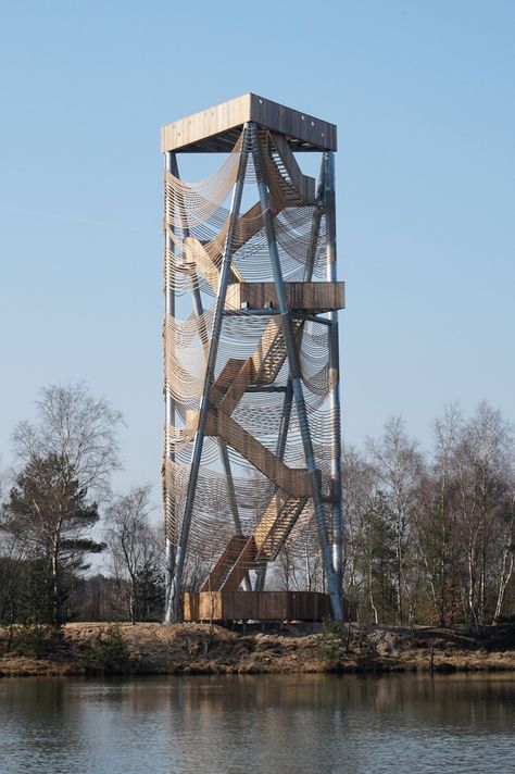 observation tower by ateliereen architecten overlooks pine nature reserve in belgium Viewing Tower, Sp Studio, Lookout Tower, Landscape Structure, Tower Design, Structure Architecture, Watch Tower, Water Tower, Facade Design