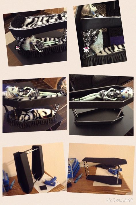 Monster High Diy Crafts, Goth Dollhouse, Monster High Diy, Monster High Coffin, Monster High Beds, Monster High Crafts, Monster High Dollhouse, Monster High House, 3d Monster