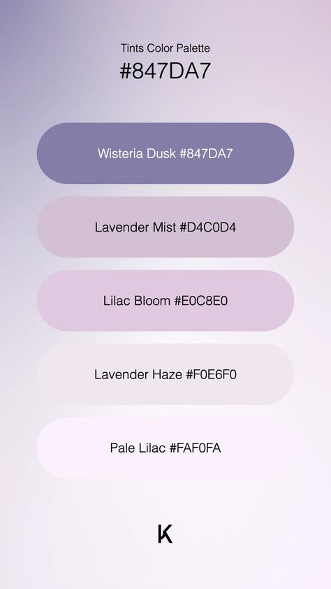 Tints Color Palette Wisteria Dusk #847DA7 · Lavender Mist #D4C0D4 · Lilac Bloom #E0C8E0 · Lavender Haze #F0E6F0 · Pale Lilac #FAF0FA Lavender Vs Lilac, Ethereal Color Palette, Lilac Colour Palette, Lilac Color Palette, Lilac Aesthetic, Lavender Color Palette, Lavender Mist, Lavender Haze, Hex Color Palette