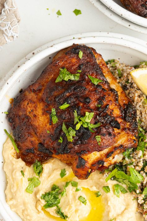 Harissa Chicken Thighs, Salad Hummus, Chicken Thigh Marinade, Saffron Chicken, Moroccan Salad, Harissa Recipes, Chicken Quarters, Harissa Chicken, Moist Chicken