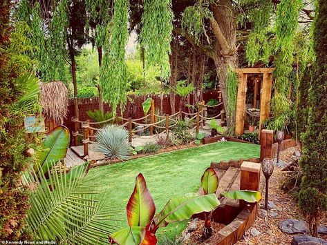 Husband transforms his garden into a tropical Tiki paradise | Daily Mail Online Tiki Patio, Decorating Backyard, Ideas Para El Patio, Tiki Garden, Garden Ideas Patio, Vintage Polynesian, Outdoor Tiki Bar, Tiki Style, Tiki Bar Decor