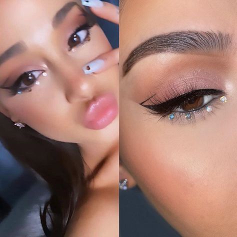 @makeupbybrooktiffany on Instagram: “Fell in love with this makeup look on @arianagrande 🤍 I had to recreate it, I hope you guys love it.  @kyliecosmetics @kyliejenner “kybrow”…” Ariana Makeup, How To Makeup, Ariana Grande Makeup, Sparkly Makeup, Rhinestone Makeup, Smink Inspiration, Makijaż Smokey Eye, Dope Makeup, Glamorous Makeup