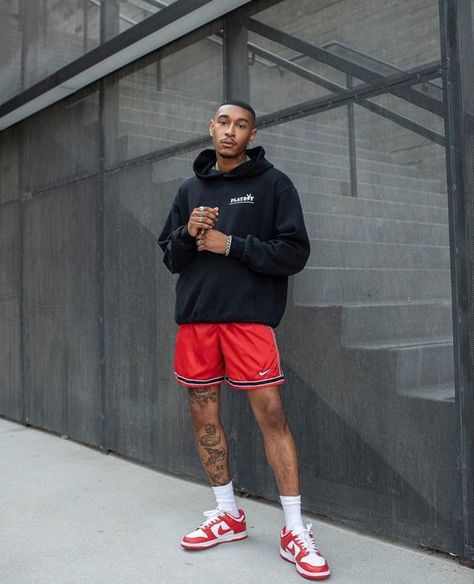 Red Shorts Outfit Men, Korean Sporty Outfits Men, Hoodie Men Outfit, Darion Benzo, Adidas Shorts Outfit, Red Shorts Outfit, Sporty Outfits Men, Short Hoodie, Guy Fits