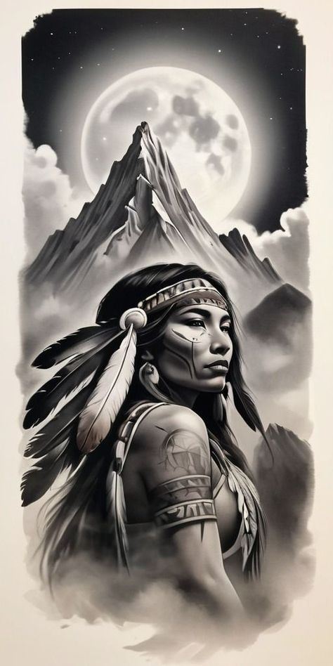 Native American Woman Tattoo Design, Indian Princess Tattoo, Native American Woman Drawing, Indian Woman Tattoo, Native American Art Drawings, Native American Woman Tattoo, Native American Chief Tattoo, Indian Girl Tattoo, Tattoo Indien