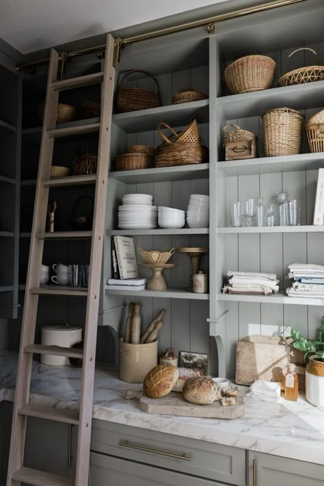 English Pantry Ideas, Dining Room With Built In Shelves, French Country Butlers Pantry, Dishwasher In Pantry, Butlers Pantry Styling, Vintage Butlers Pantry, Country Pantry Farmhouse Style, Galley Butlers Pantry, Pantry Open Shelves