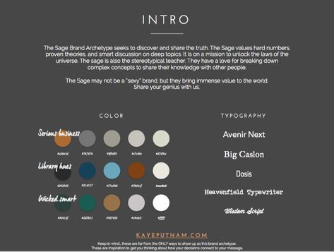 I took Kaye Putnam's brand archetype quiz and the Sage Brand Archetype was #1 (out of 4). Sage was number 3 (out of 3) on another Brand Personality Quiz. I like the fonts and colors a lot. In particular for fonts: Avenir Next and Big Caslon. I love the orange, blues, and teals in the colors. Sage Archetype Fashion, Sage Archetype Aesthetic Outfit, Sage Archetype Style, Sage Archetype, Sage Archetype Aesthetic, Caregiver Brand Archetype Colors, The Sage Archetype, Sage Archetype Mood Board, Feminine Archetypes Sage