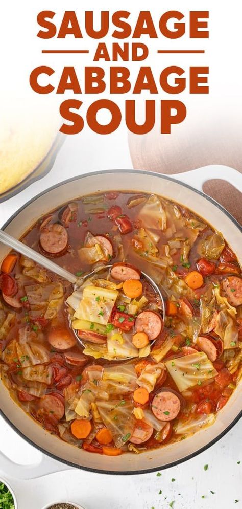 Sausage and Cabbage Soup Crockpot Cabbage And Sausage Soup, Cabbage And Kielbasa Soup Instant Pot, Rice And Cabbage Soup, Easy Cabbage And Sausage Recipes, Sausage Cabbage Soup Recipes, Cabbage Sausage Potatoes Soup, Polish Sausage And Cabbage Soup, Cabbage Soup Recipe Easy, Recipes For Cabbage Soup