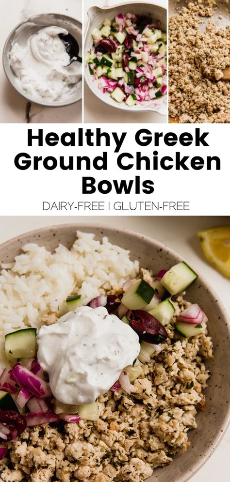 Greek Ground Chicken, Ground Chicken Bowls, Ground Chicken Recipes Healthy, Unbound Wellness, Healthy High Protein Snacks, Aip Paleo Recipes, Chicken Bowls, Chicken Lunch, Chicken Rice Bowls