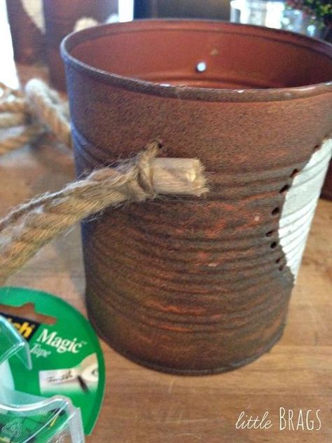 rusty tim can lanterns, container gardening, crafts, gardening Summer Planting, Tin Ideas, Can Lanterns, Tin Can Lanterns, Gardening Crafts, Battery Operated String Lights, Mother Daughter Projects, Christmas Neighbor, Rusty Tin