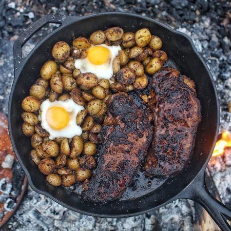 Chipotle Coffee Rub Steak & Eggs Skillet - Over The Fire Cooking Coffee Rubbed Steak, Over The Fire Cooking, Steak Eggs, Coffee Rub, Steak Rubs, Ny Strip Steak, Campfire Food, Fire Cooking, Steak And Eggs