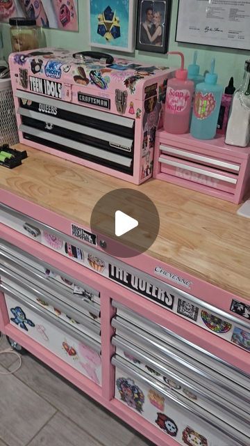 Toolbox Craft Storage, Tool Box Makeup Storage, Salon Station Cabinet Ideas, Tool Chest Organization Ideas, Kobalt Mini Toolbox Ideas, Milwaukee Tool Box Ideas, Custom Tool Boxes, Milwaukee Tool Box, Pink Tool Box