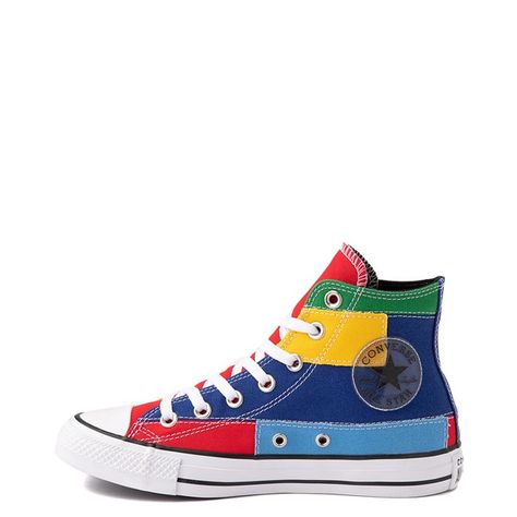 Converse Chuck Taylor All Star Hi Patchwork Color-Block Sneaker - Multicolor | Journeys Colorblock Converse, Patchwork Converse, Yellow Chuck Taylors, Converse Rainbow, Rainbow Converse, Chucks Style, Sneakers Multicolor, Converse Style, New Converse