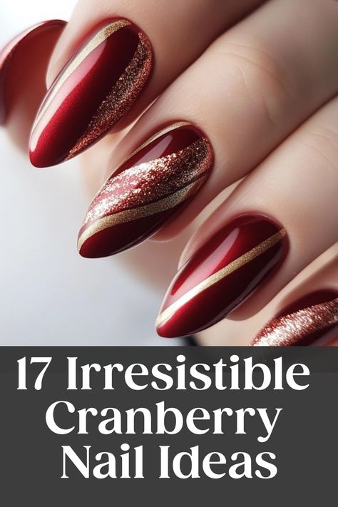 Elevate your fall nail game with stunning cranberry nails! These rich, deep hues are perfect for the autumn season and will add a touch of sophistication to any look. Whether you prefer cranberry nails in acrylic or with intricate designs, this versatile shade is a must-try. From classic solid color manicures to creative nail art ideas, there are endless ways to rock cranberry nails this fall. Holiday Nails Burgundy And Gold, Cranberry Nails With Glitter, Vampy Christmas Nails, Maroon With Gold Nails, Deep Cranberry Nails, Copper Nail Designs Art Ideas, Wine Sparkle Nails, Cranberry Nail Polish, Wine Almond Nails Designs