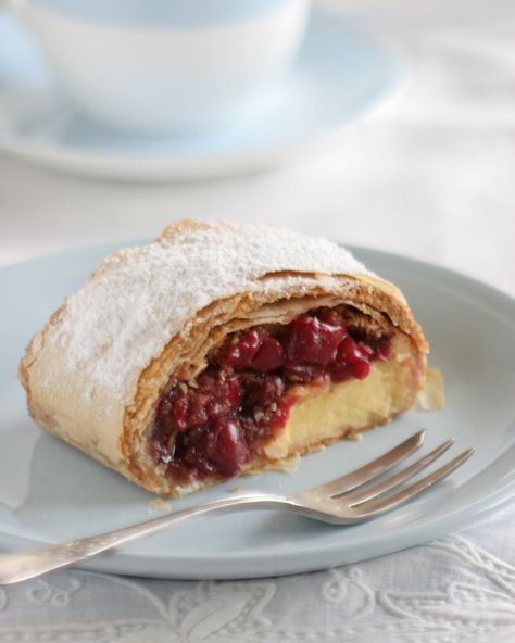 Cherry and Cream Cheese Strudel — Antoniou Fillo Pastry Puff Pastry Strudel, Cheese Strudel Recipe, Cream Cheese Strudel, Cherry Goat Cheese, Pastry Dessert Recipes, Filo Pastry Dessert, Kataifi Pastry, Filo Pastry Recipes, Cherry Recipes Dessert