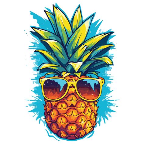 Tropical pineapple graphic for artistic creations, Pineapple Cartoon, Pineapple Cartoon Drawing, Pineapple With Sunglasses Tattoo, Pineapple Design Art, Pineapple Pattern Illustration, Kraken Art, Pineapple Illustration, Pineapple Painting, Trippy Pineapple