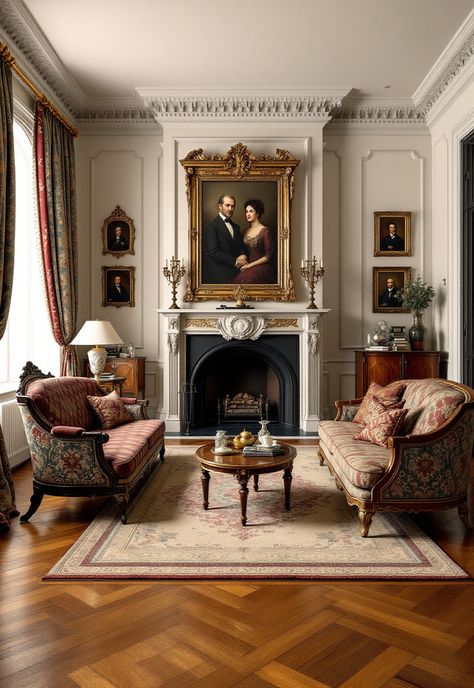 Old Money Living Room Gold Vintage Living Room, Gilded Age Home Decor, Craftsman Style Living Room Ideas, Old Style House Interiors, Victorian Style Living Room Ideas, Room With Fireplace Decor, Gilded Age Decor, Old English Living Room, Grand Piano Decor