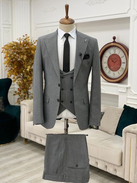 Buy Men Suits Gray 3 Piece Slim Fit Two Button Wedding Groom Party Online in India - Etsy Light Grey Suits Wedding, Night Dress For Man, Best Groom Suits, Mens Night Suit, Unique Mens Wedding Suits, Slim Fit Groom Suit, Italian Style Suit, Groom Wedding Suit, Peak Lapel Suit