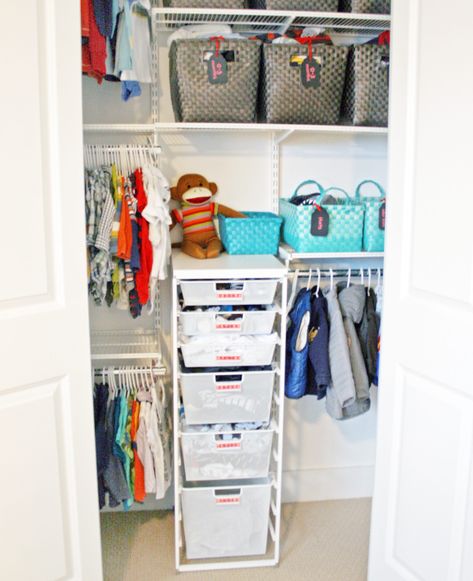 How to Organize a Nursery Closet Elfa Shelving, Nursery Dresser, Nursery Closet, Nursery Room Inspiration, Small Closet, White Onesie, Large Clothes, Chalk Markers, Container Store