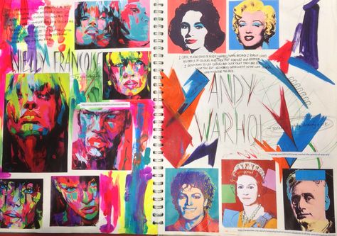 Andy Warhol Sketchbook Page, Pop Art Mind Map, Pop Art Sketchbook Page, Andy Warhol Research Page, Pop Art Sketchbook, Andy Warhol Artist Research Page, Colourful Artist Research Page, Pop Art Research Page, Andy Warhol Inspired Art