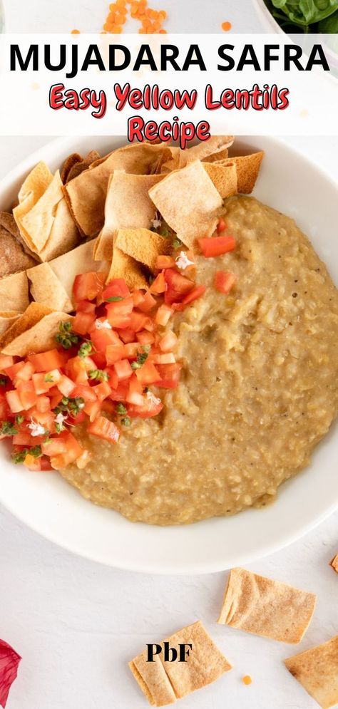 a bowl of yellow porridge with text "mujadara safra easy yellow lentils recipe" Vegan Lebanese, Mujadara Recipe, Lebanese Lentil Soup, Lentils Rice, Lentils Recipe, Rice Recipes Vegan, Yellow Lentils, Lentils And Rice, Lebanese Food