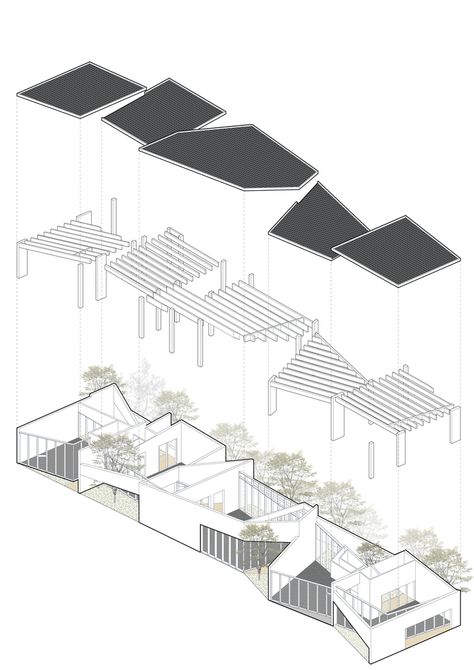 Gallery of Living Art Pavilion / MOZHAO ARCHITECTS - 25 Art Pavilion, Axonometric Drawing, Pavilion Architecture, Architecture Concept Diagram, Architecture Board, Architecture Design Drawing, Architecture Collage, Architecture Graphics, Living Art