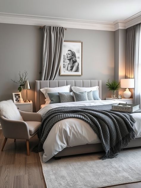 home deco ideas Grey Oak Bedroom Ideas, Dark Gray Bed Frame Room Ideas, Light Coloured Bedroom Ideas, Bedding Ideas Grey Headboard, Bedroom Gray Furniture, Bedroom With Light Gray Walls, Grey Headboard Bedroom Color Schemes, Light Grey Headboard Bedroom, Classy Bedroom Ideas For Couples