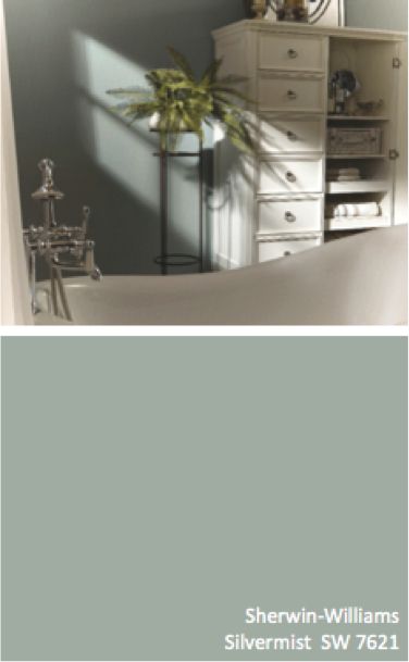 Sherwin-Williams Silvermist (SW 7621) Behr Silver Celadon Paint, Sherwin Williams Silvermist, White Distressed Furniture, Paint Color Schemes, Blue Paint Colors, Sherwin Williams Paint Colors, Bedroom Paint, Interior Paint Colors, White Furniture